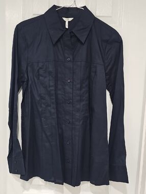 Navy Pleated Front Button-Up Shirt